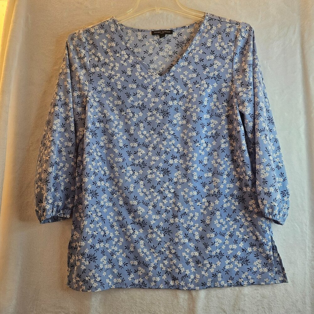 Mario Serrani Italy Floral Blouse Blue 3/4 Sleeve V-Neck Size M